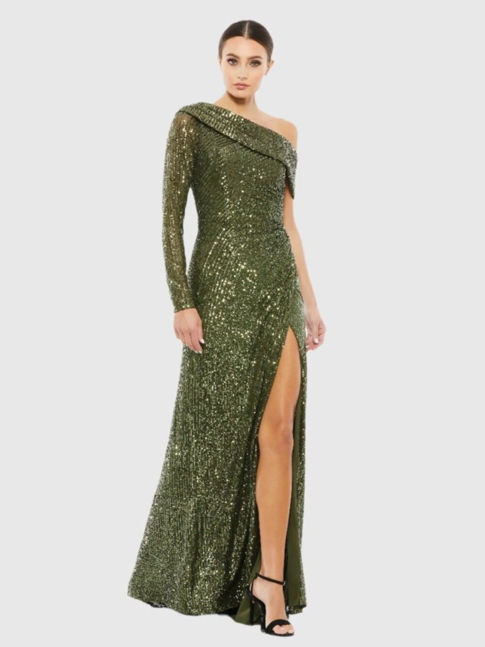 Mac Duggal Size 4 Olive Green 26571 Sequined Drop Shoulder Faux Wrap Gown Dress
